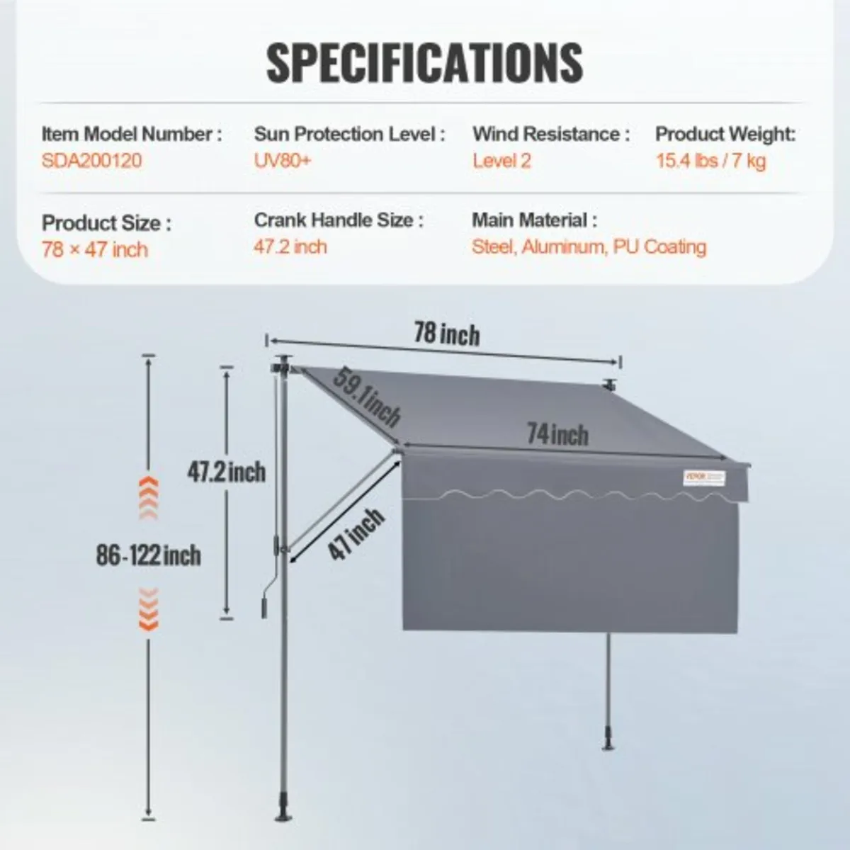 Manual Retractable Awning, 78" Outdoor Retractable - Image 2
