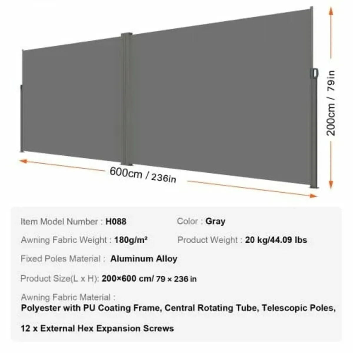 Retractable Side Awning, 79''x 236'' Outdoor Priva - Image 2