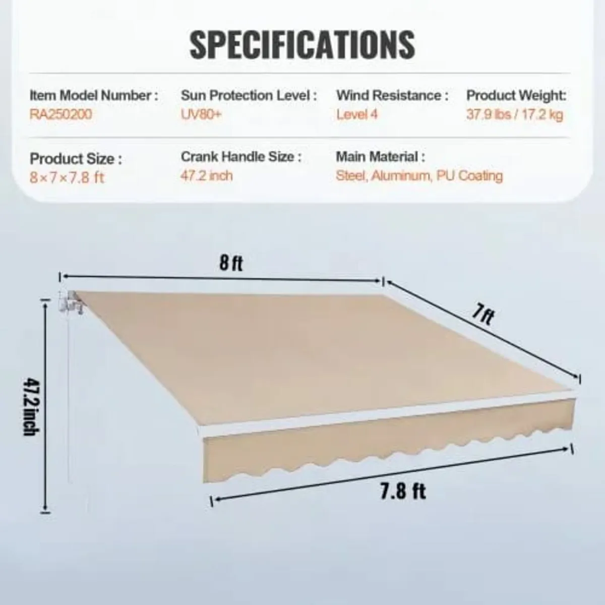Manual Retractable Awning, 8 x 7 ft Outdoor Patio - Image 2