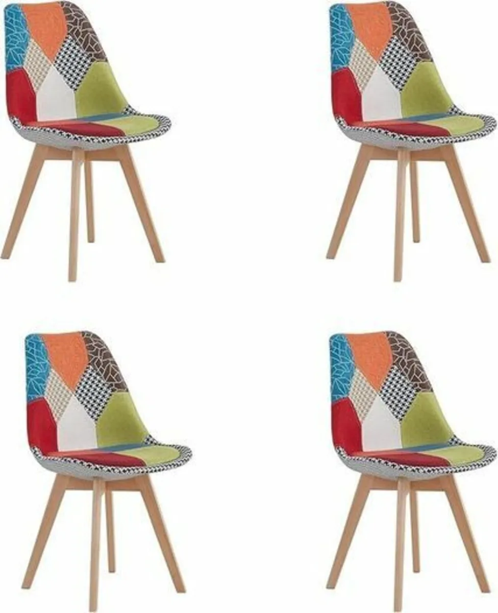 Set of 4 Patchwork Dining Chairs Beech Wood Legs - Image 1