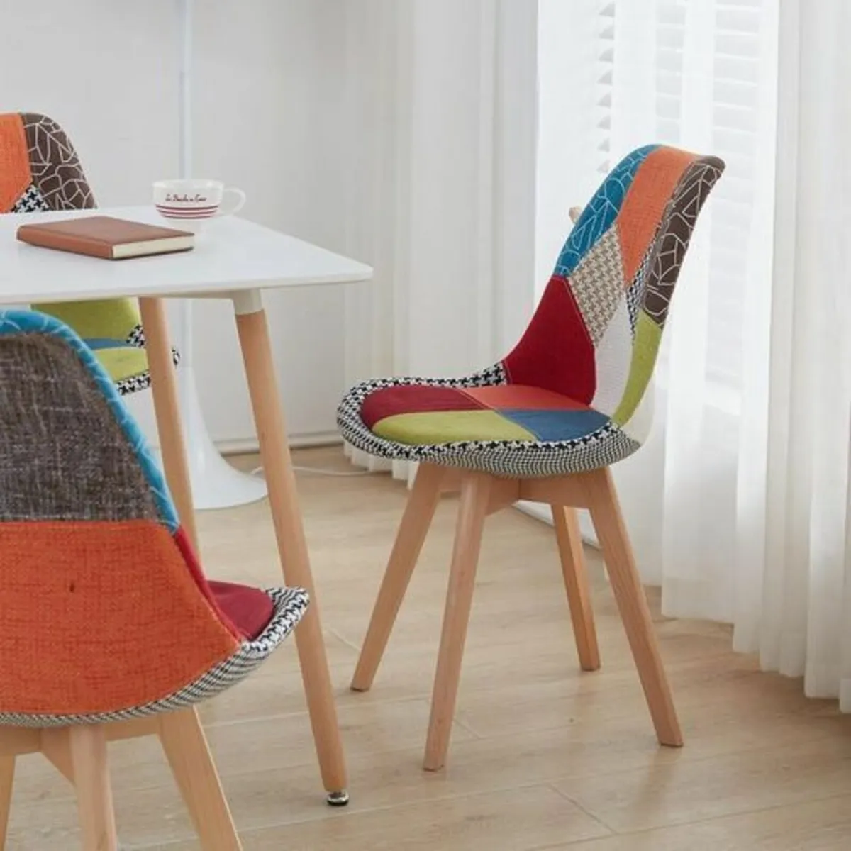 Set of 4 Patchwork Dining Chairs Beech Wood Legs - Image 3