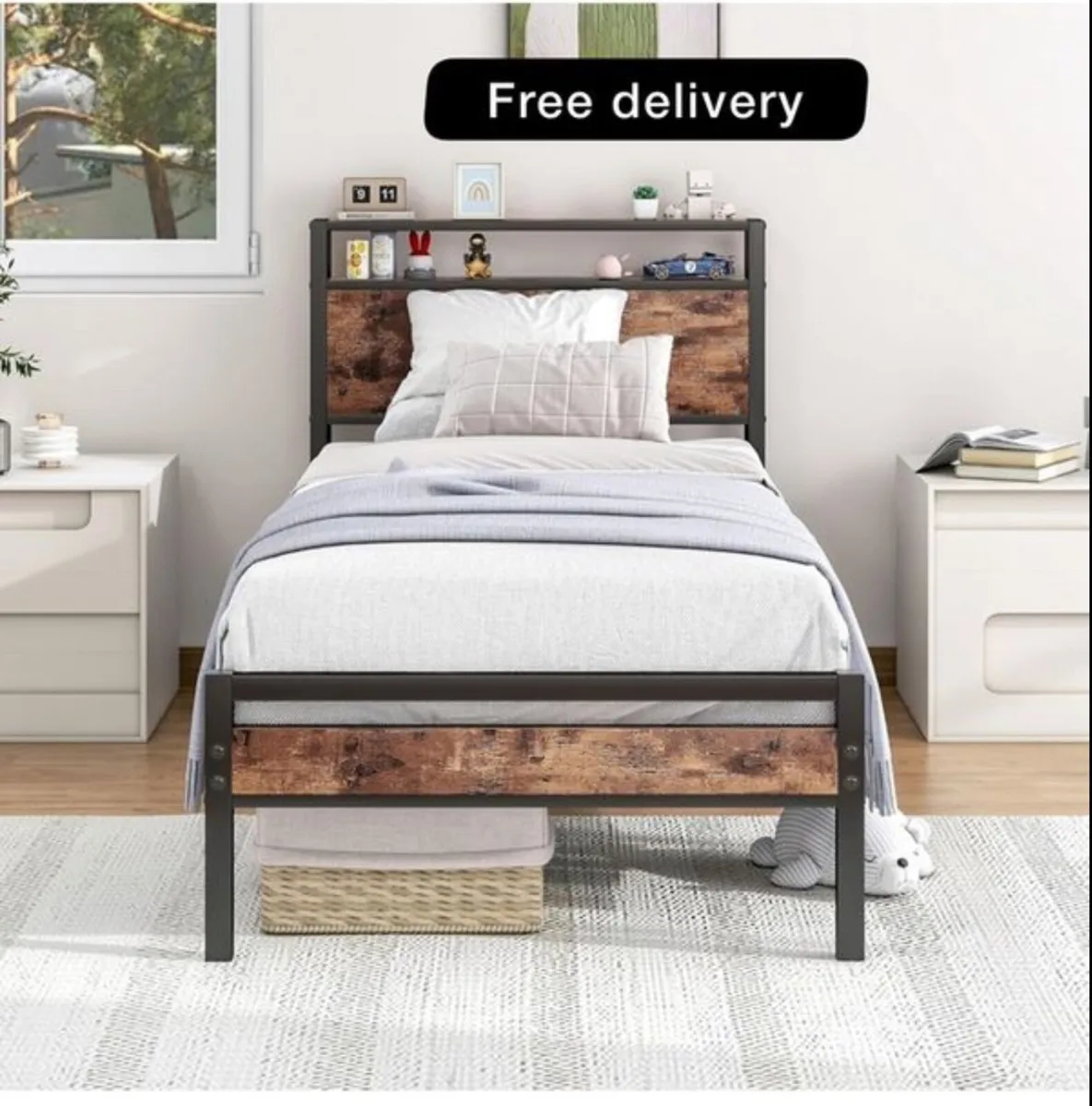 3ft Single Bed Frame with Storage Headboard