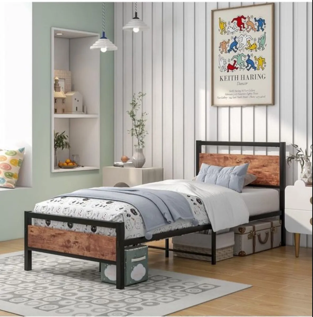 Metal Single Bed Frames with Wood Headboard