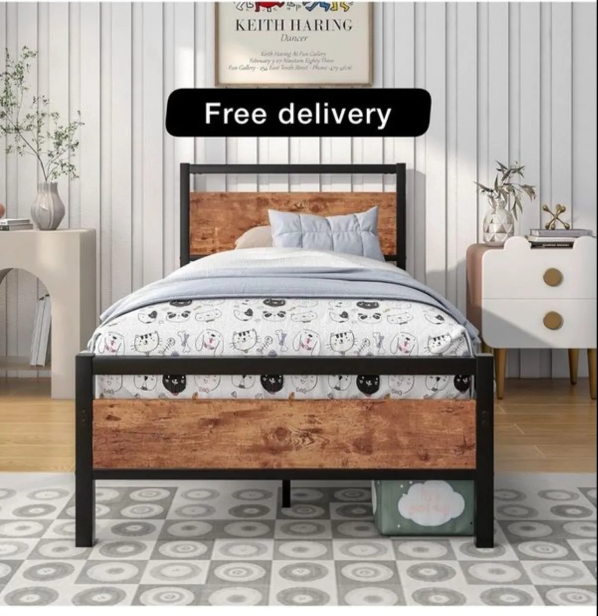 Metal Single Bed Frames with Wood Headboard