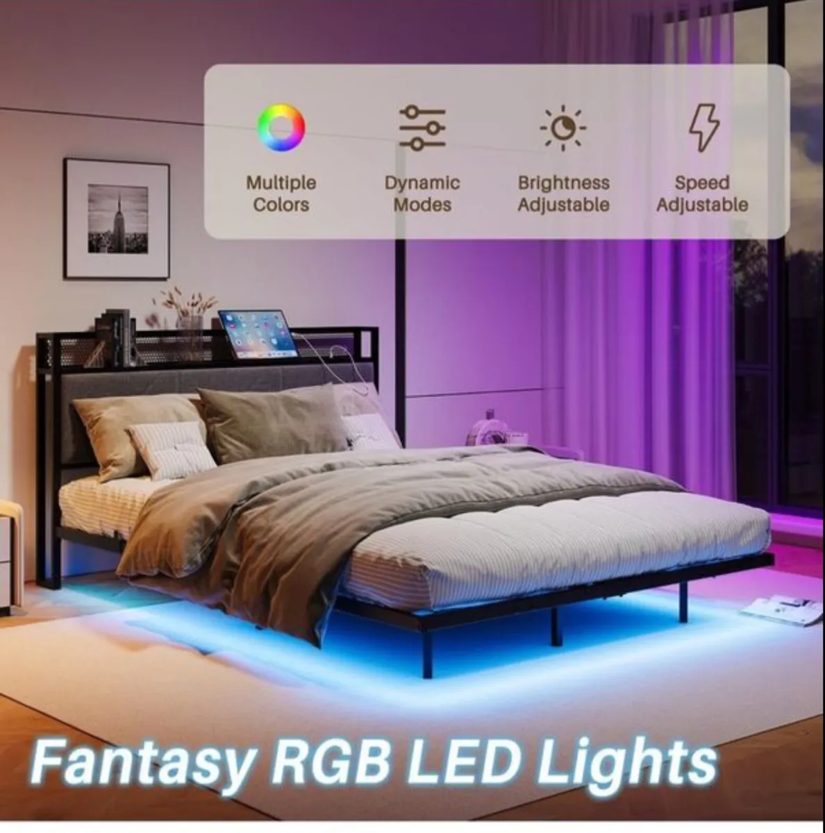 Floating King  Bed Frame with LED Lights & USB
