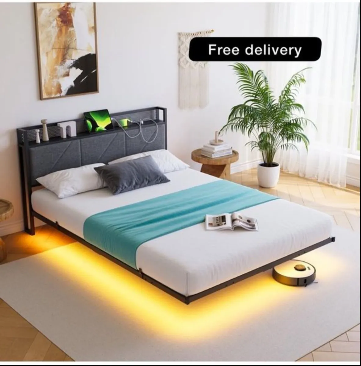 Floating Double Bed Frame with LED Lights & US