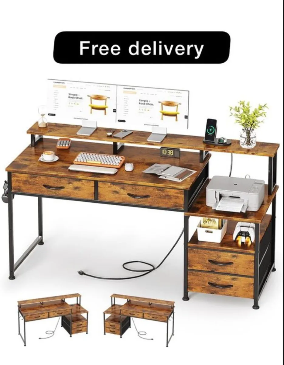 Computer Desk with Power Outlet and Monitor Stand