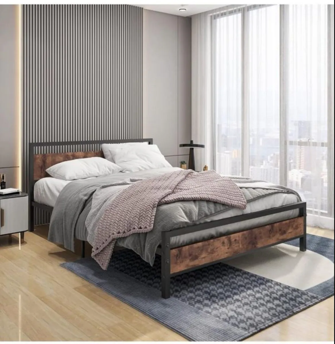 King Size Metal Platform Bed Frame with Wooden Hea