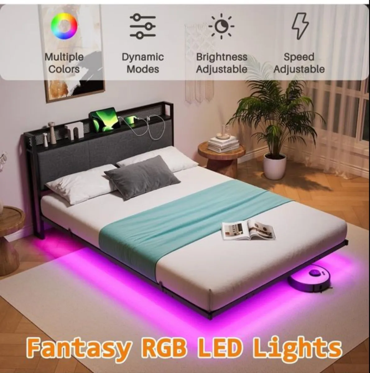 Floating Double Bed Frame with LED Lights & US