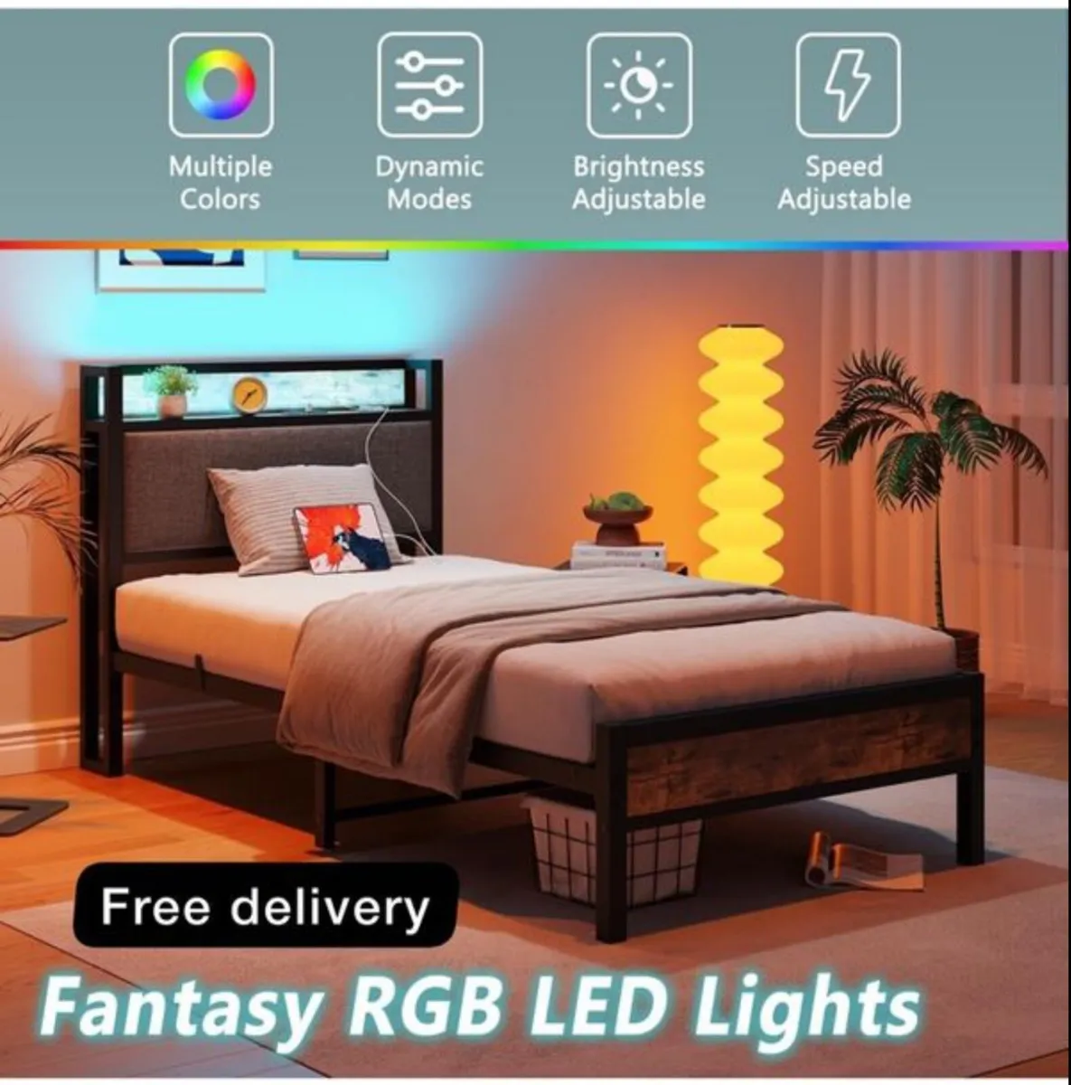 3ft Single Bed Frame with Storage Headboard,LED Li