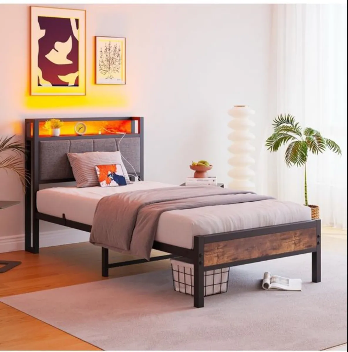 3ft Single Bed Frame with Storage Headboard,LED Li