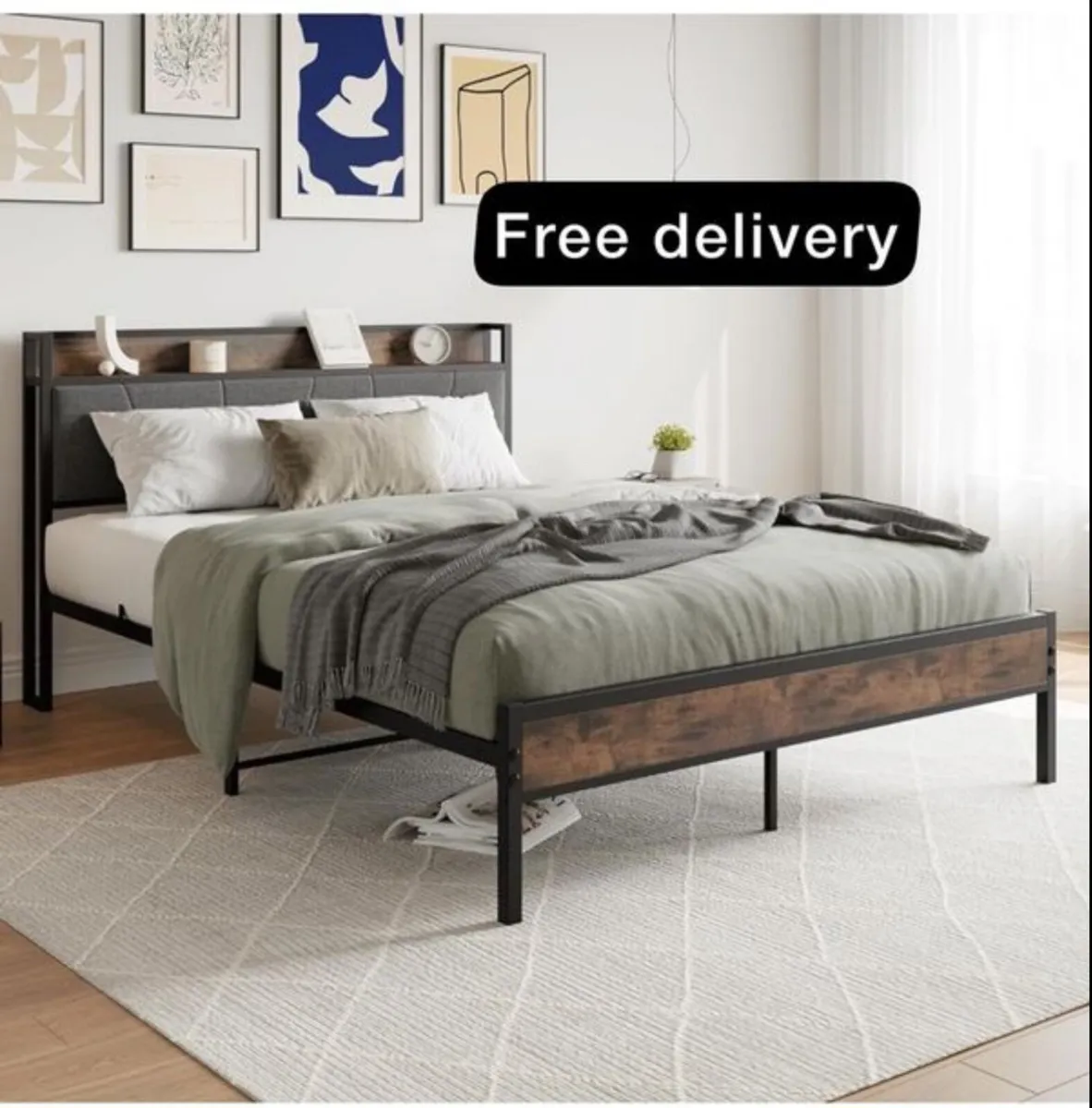 King Size Bed Frame with Wooden Storage