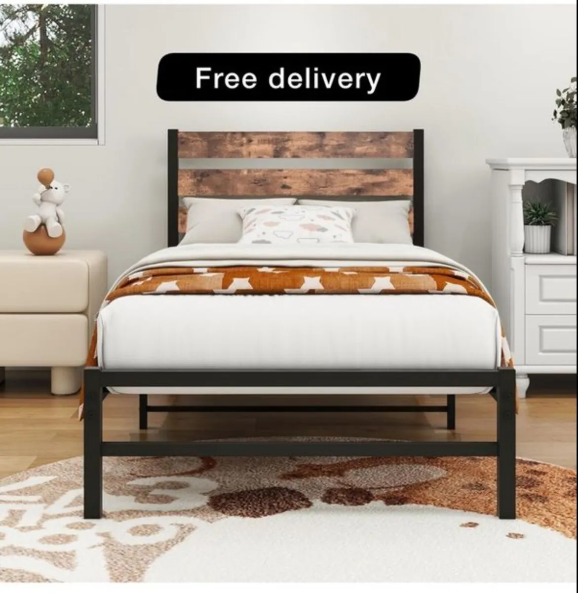 Single Bed Frame with Rustic Wood Headboard