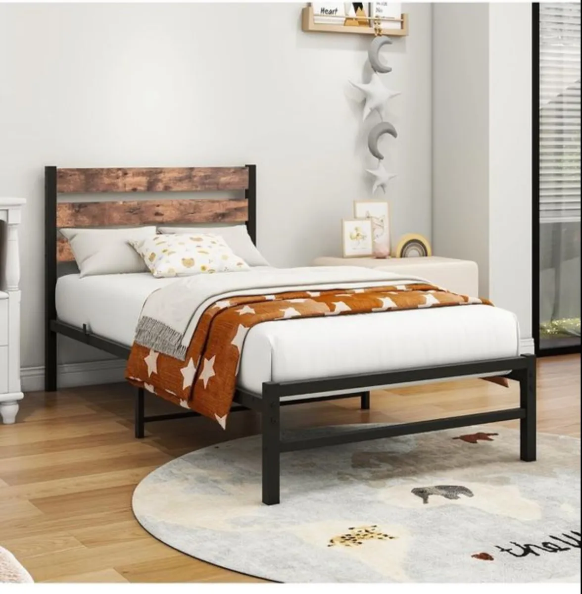 Single Bed Frame with Rustic Wood Headboard