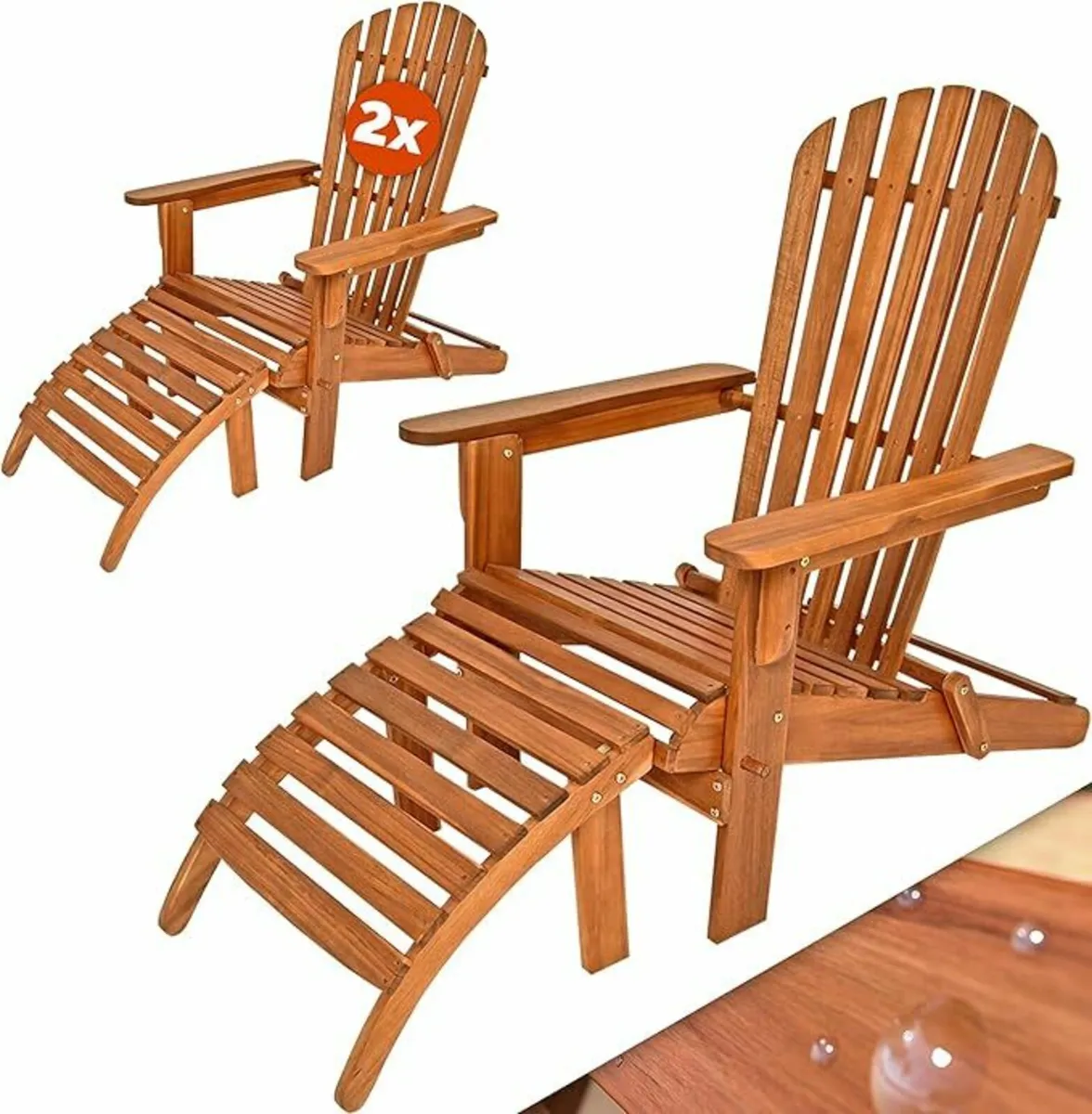 Set of 2 Adirondack Wooden Sun Loungers with Footr - Image 1