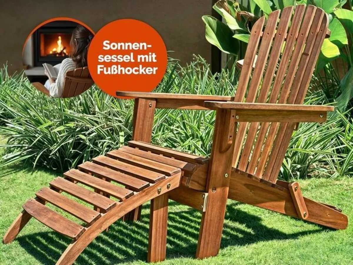 Set of 2 Adirondack Wooden Sun Loungers with Footr - Image 3