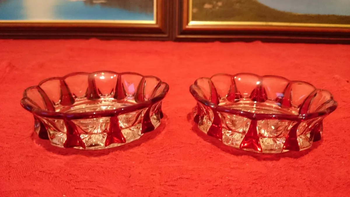 2Pc.Bohemian Ruby Red 2Tone Cut Crystal Glass Dish - Image 2
