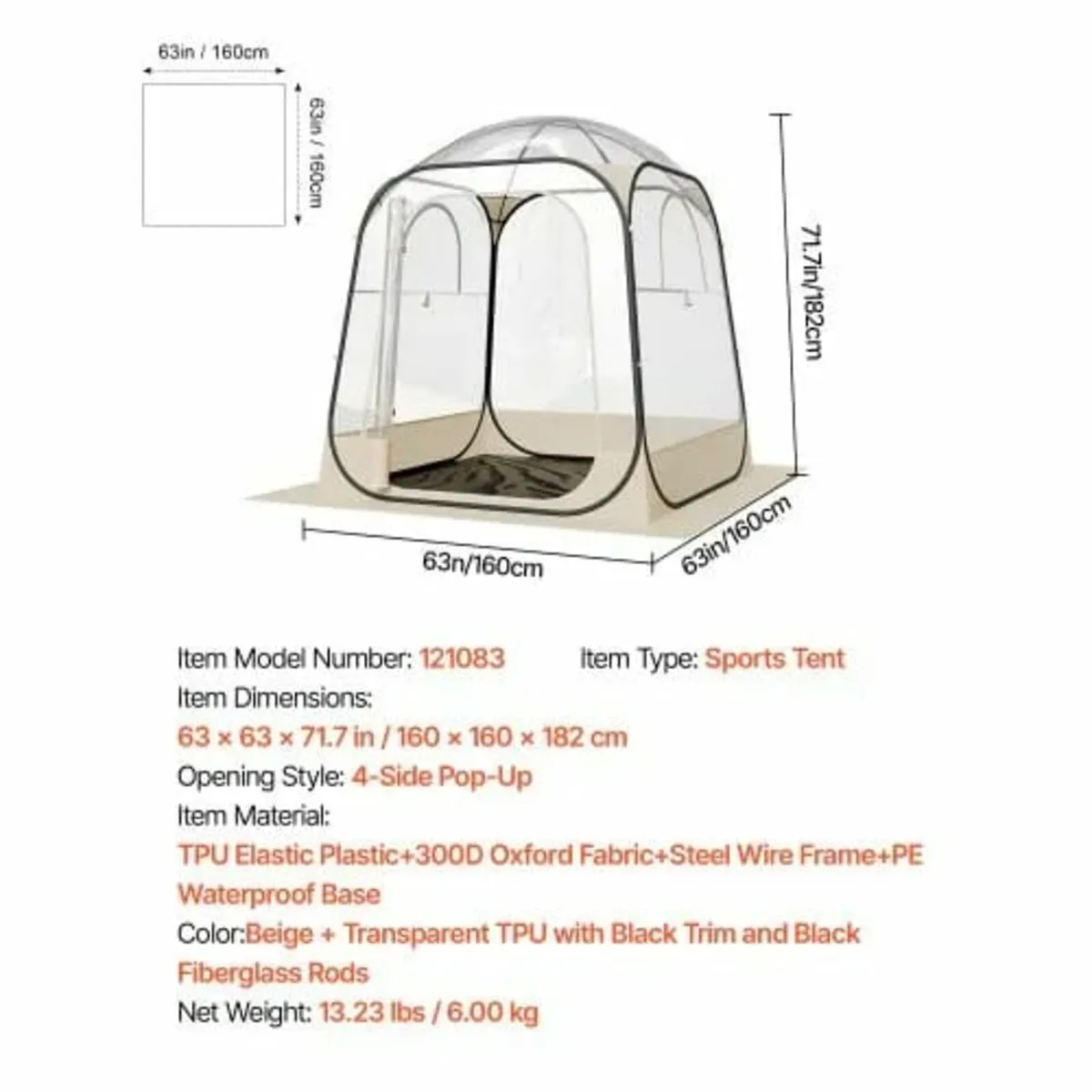 Pop up Sports Tent 63x63 in Outdoor Clear Bubble T - Image 2
