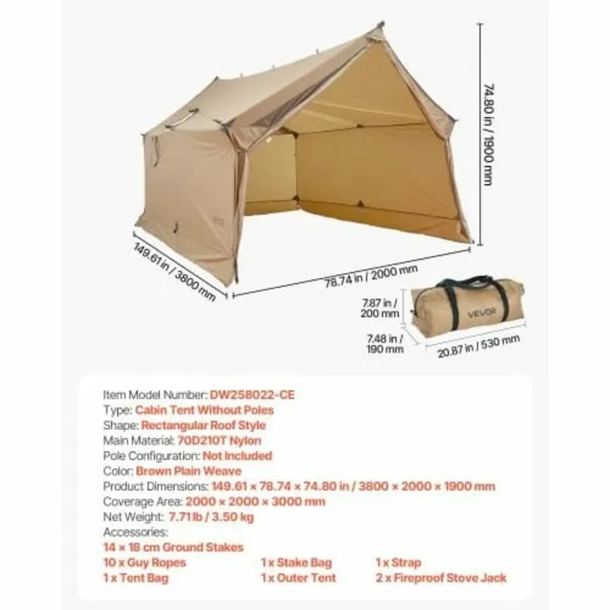 Cabin Hot Tent with Stove Jack Lightweight Waterpr - Image 2