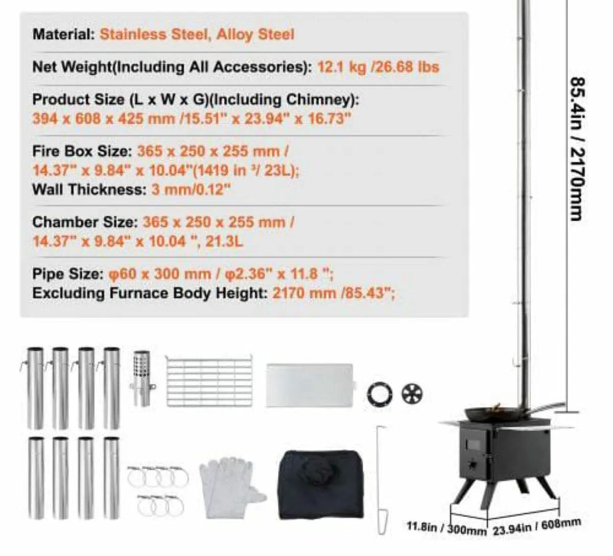 Wood Stove, 218.4 cm, Alloy Steel Camping Tent Sto - Image 4