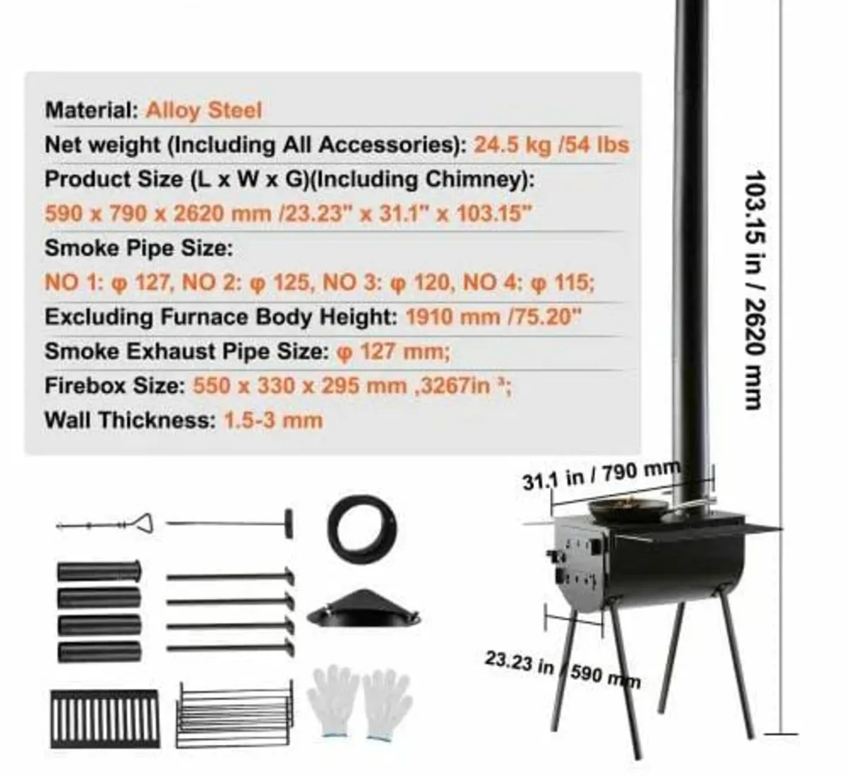 Wood Stove, 3 m, Alloy Steel Camping Tent Stove, P - Image 3