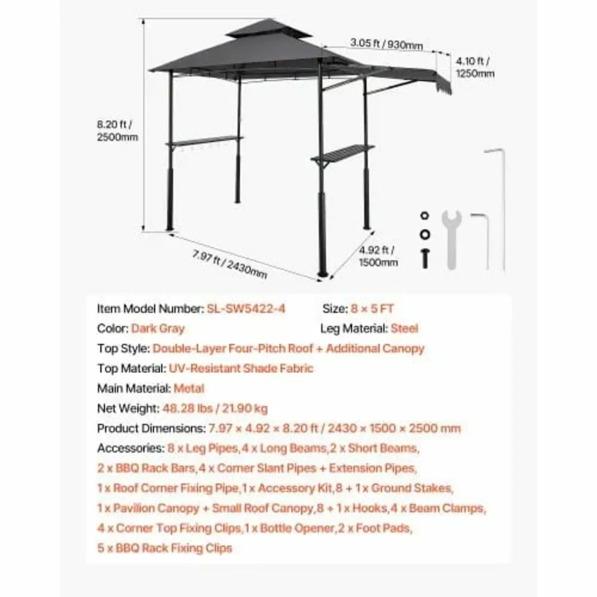 Grill Gazebo, 2.43 x 1.5 m Double-Tiered Top, BBQ - Image 2