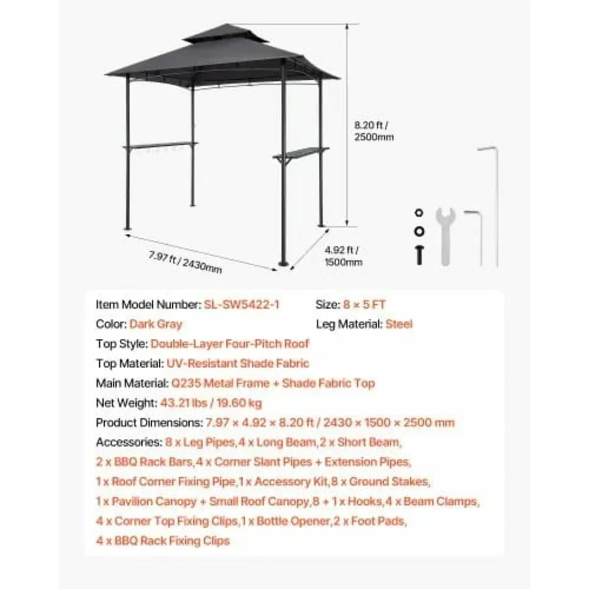 Grill Gazebo, 2.43 x 1.5 m Outdoor BBQ Gazebo with - Image 2