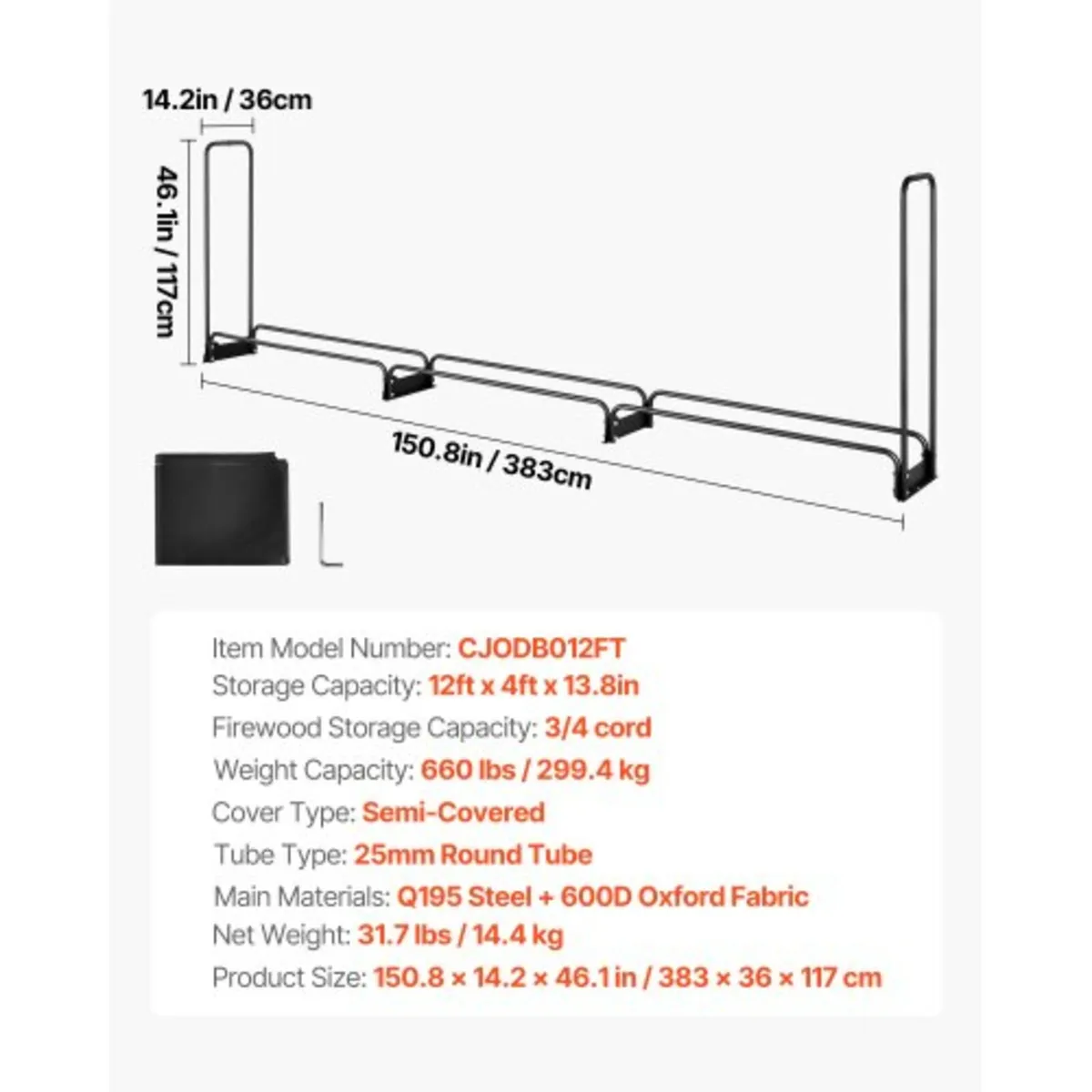 3.9m Outdoor Firewood Rack with Cover, 386 cm x 36 - Image 2