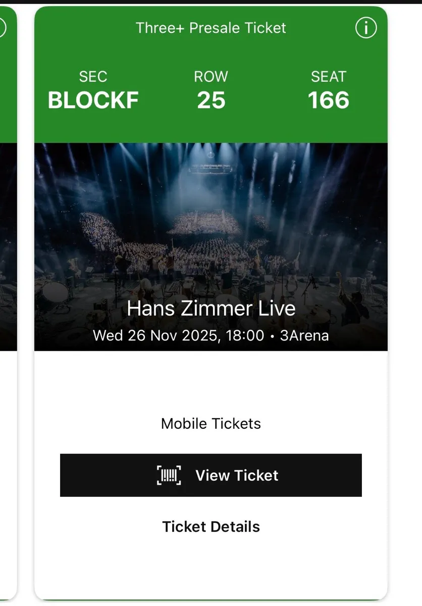 Hans Zimmer tickets x2 Wednesday 26th November - Image 1