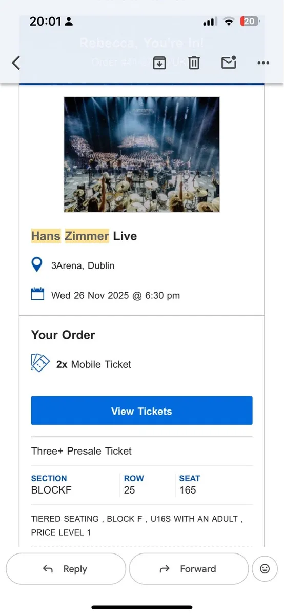 Hans Zimmer tickets x2 Wednesday 26th November - Image 2