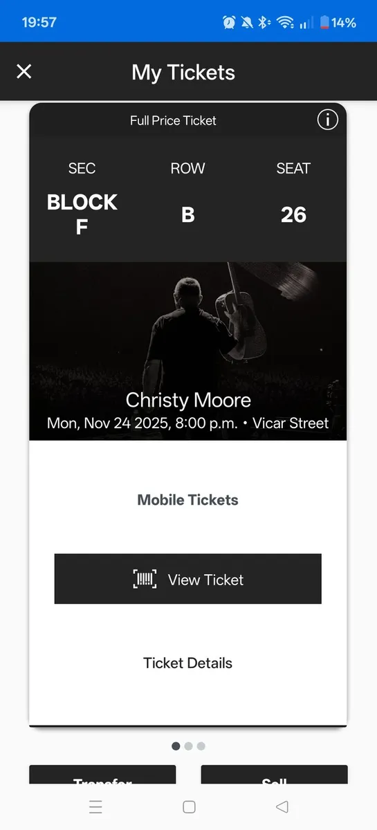 Christy Moore ticket, Vicar Street, 24th November