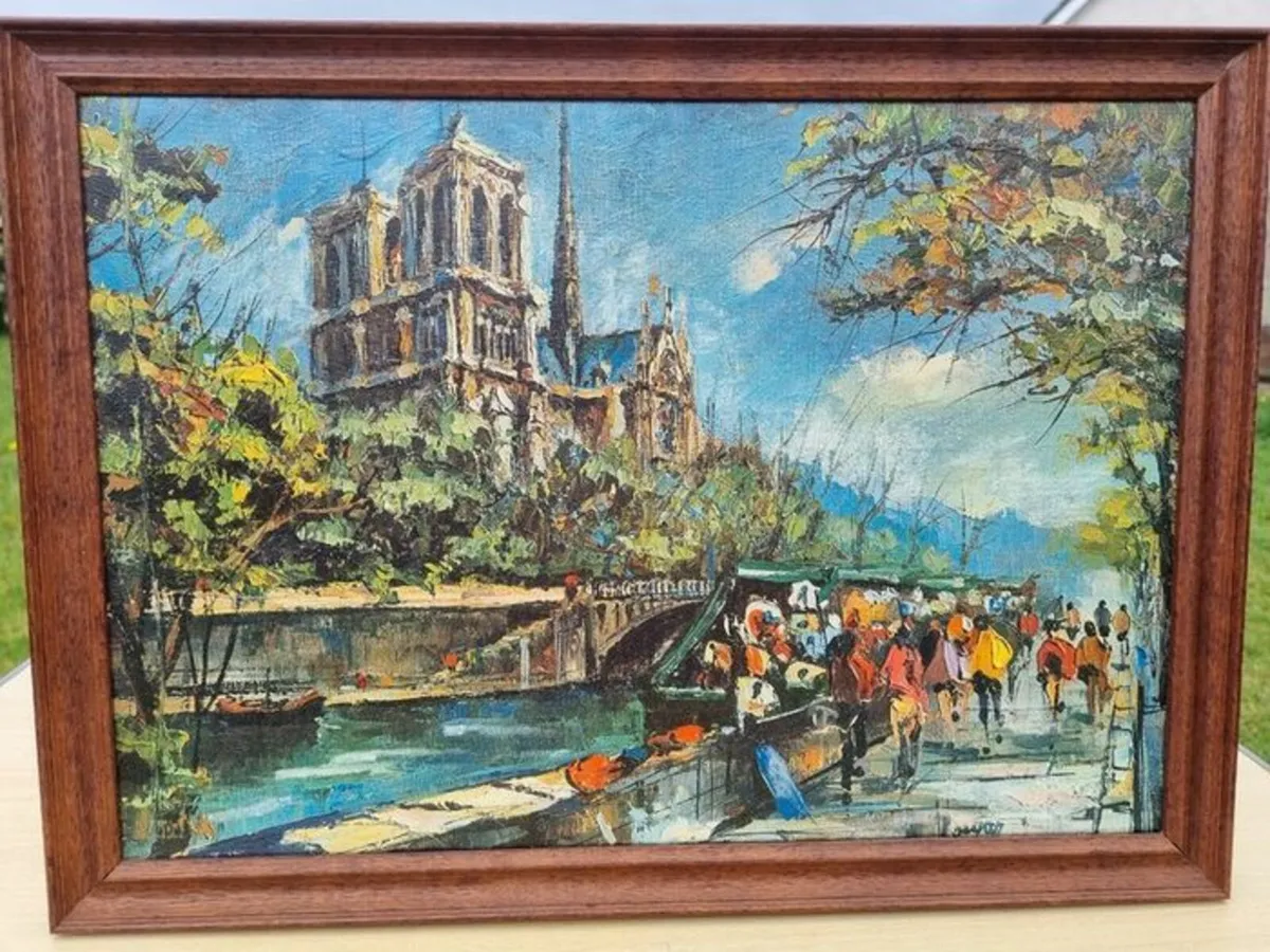 Vintage oil painting Paris Notre Dame Cathedral - Image 1
