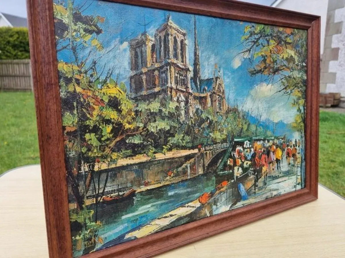 Vintage oil painting Paris Notre Dame Cathedral - Image 2