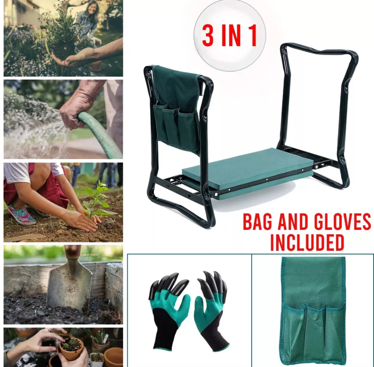 Garden Kneeler Folding Stool Tool Bag & Gloves NEW - Image 2