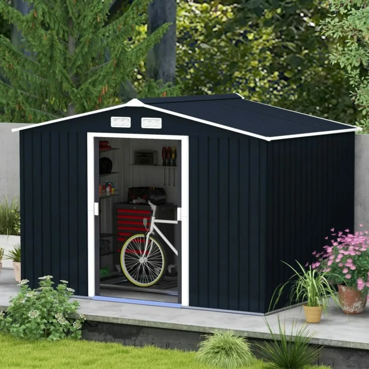 9 x 6FT Metal Shed Roofed Garden Shed Outdoor Stor - Image 2