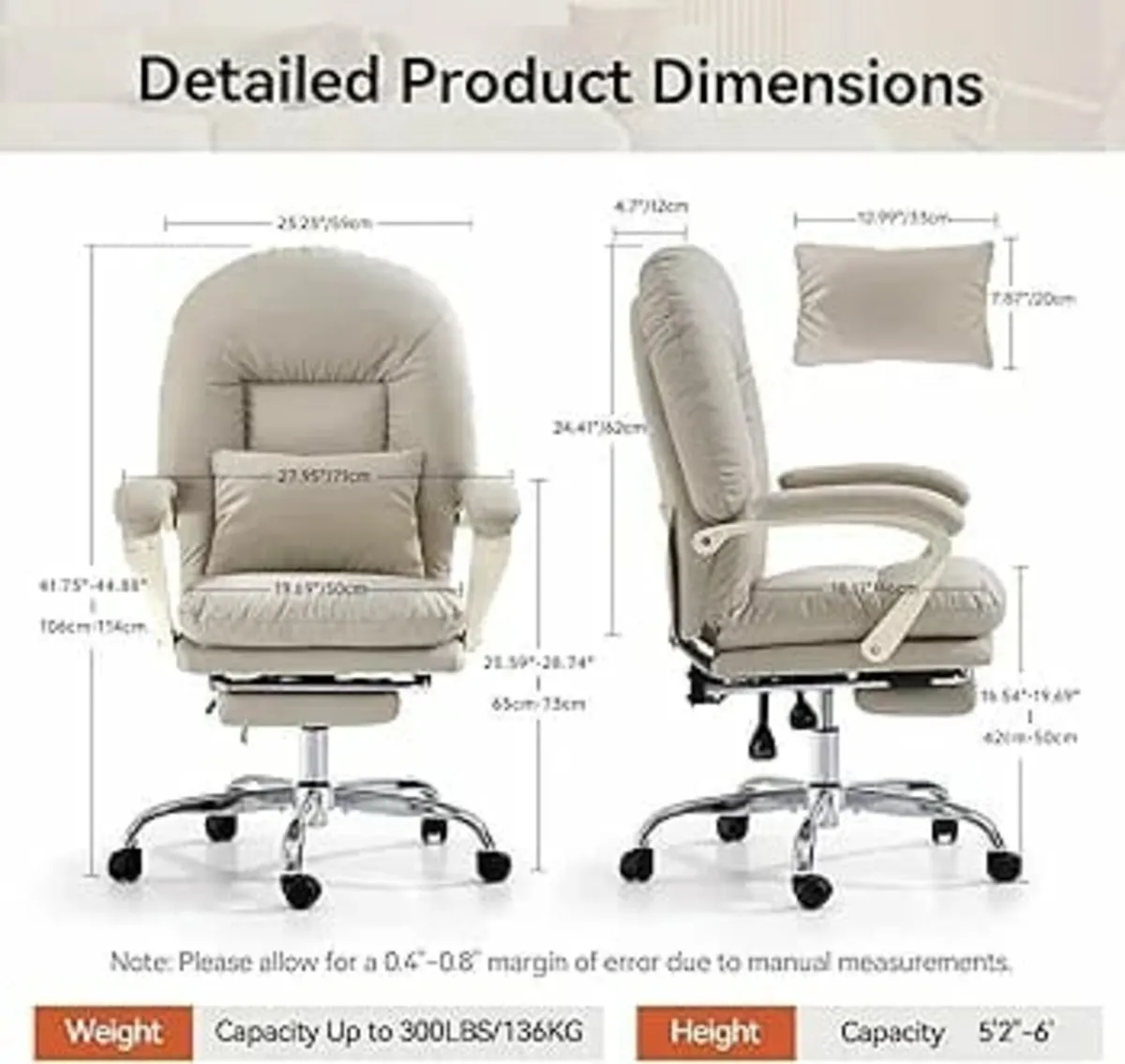Home Office Desk Chair with Footrest, PU Leather E - Image 2
