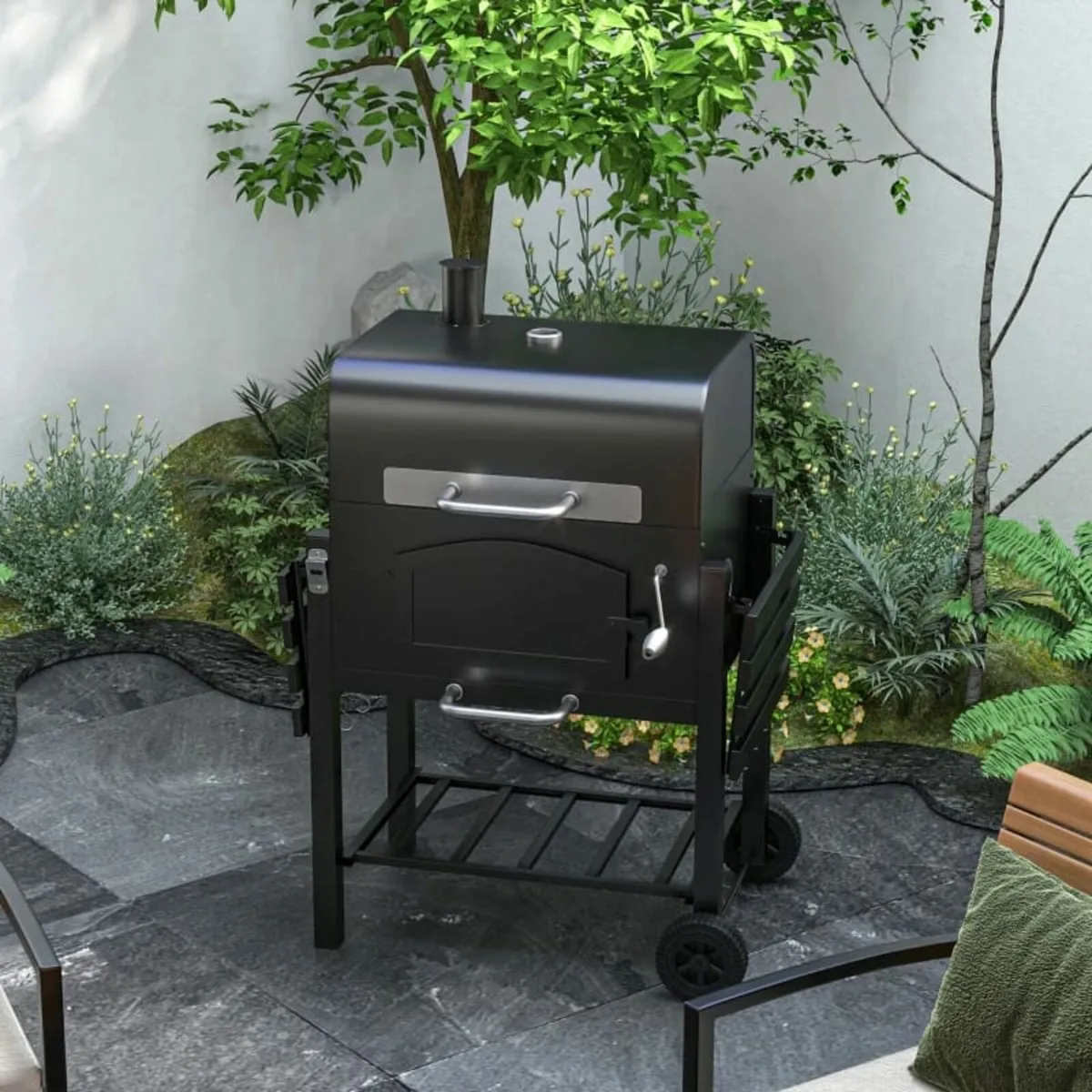 Charcoal Barbecue Grill Trolley Garden Smoker with - Image 3