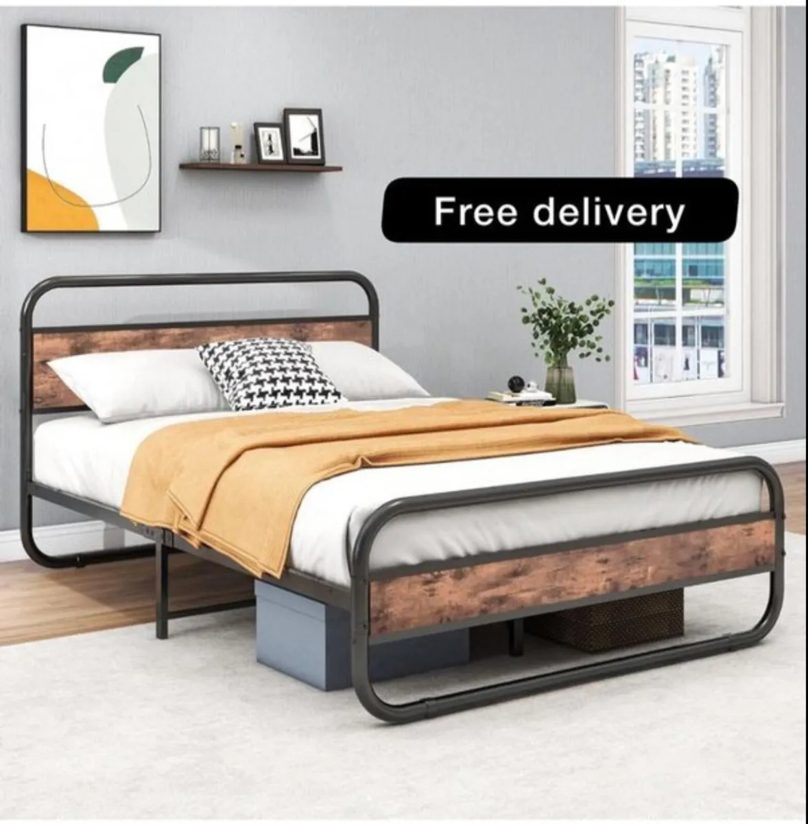King Bed Frame with Headboard,Oval-Shaped