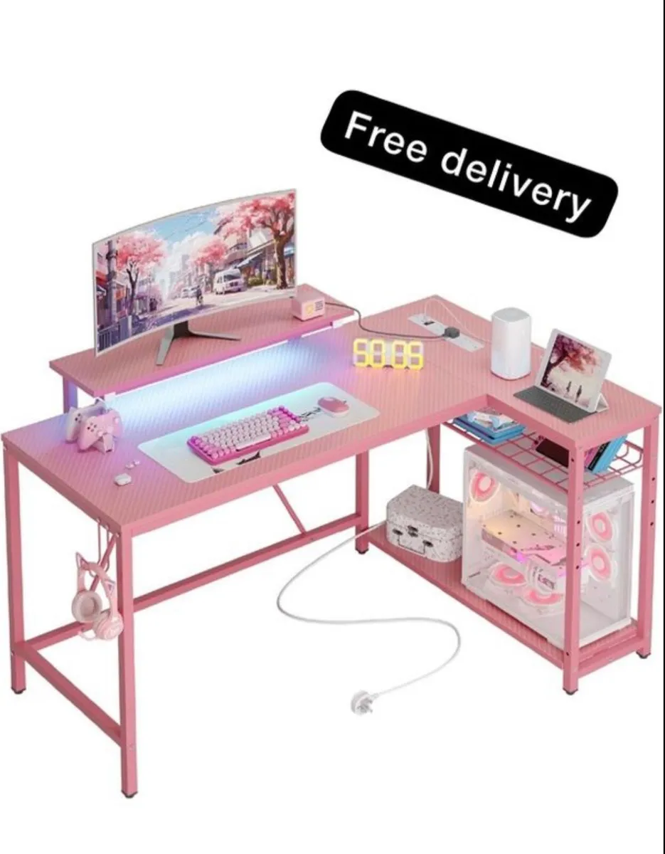 L-Shaped RGB Gaming Desk 132CM with Power Outlets