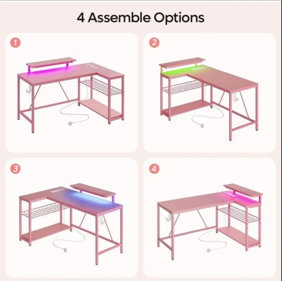 L-Shaped RGB Gaming Desk 132CM with Power Outlets