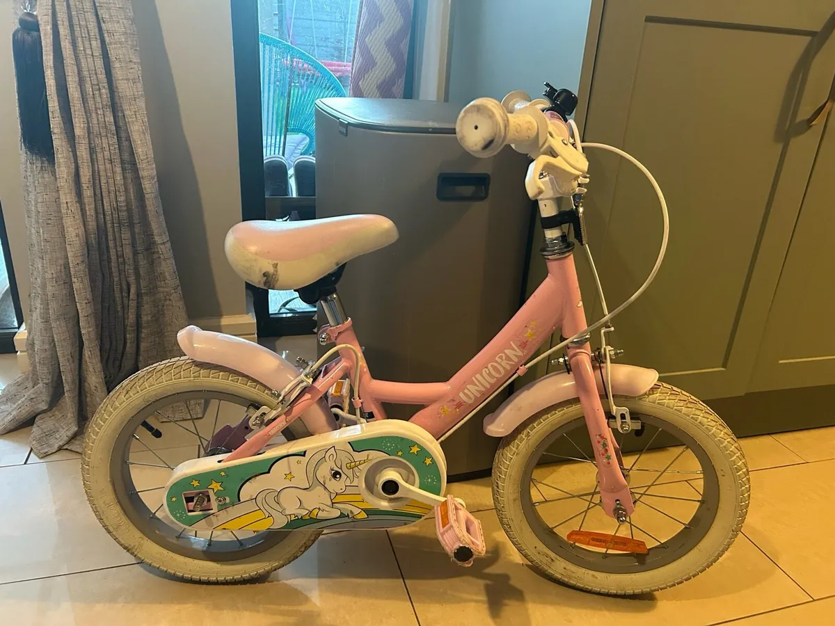 Girls Pink Unicorn Bike 14inch Wheels - Image 1