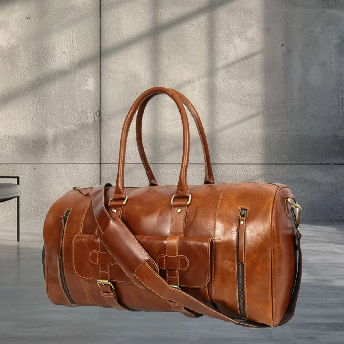 Leather Duffel Bag Vintage Travel Weekender Bag - Image 4