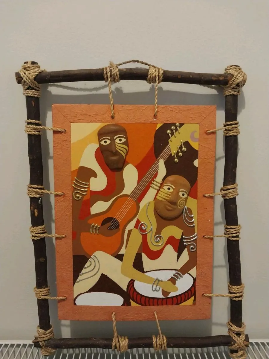 Handmade Tribal-Style Wall Art with Wooden Frame - Image 1