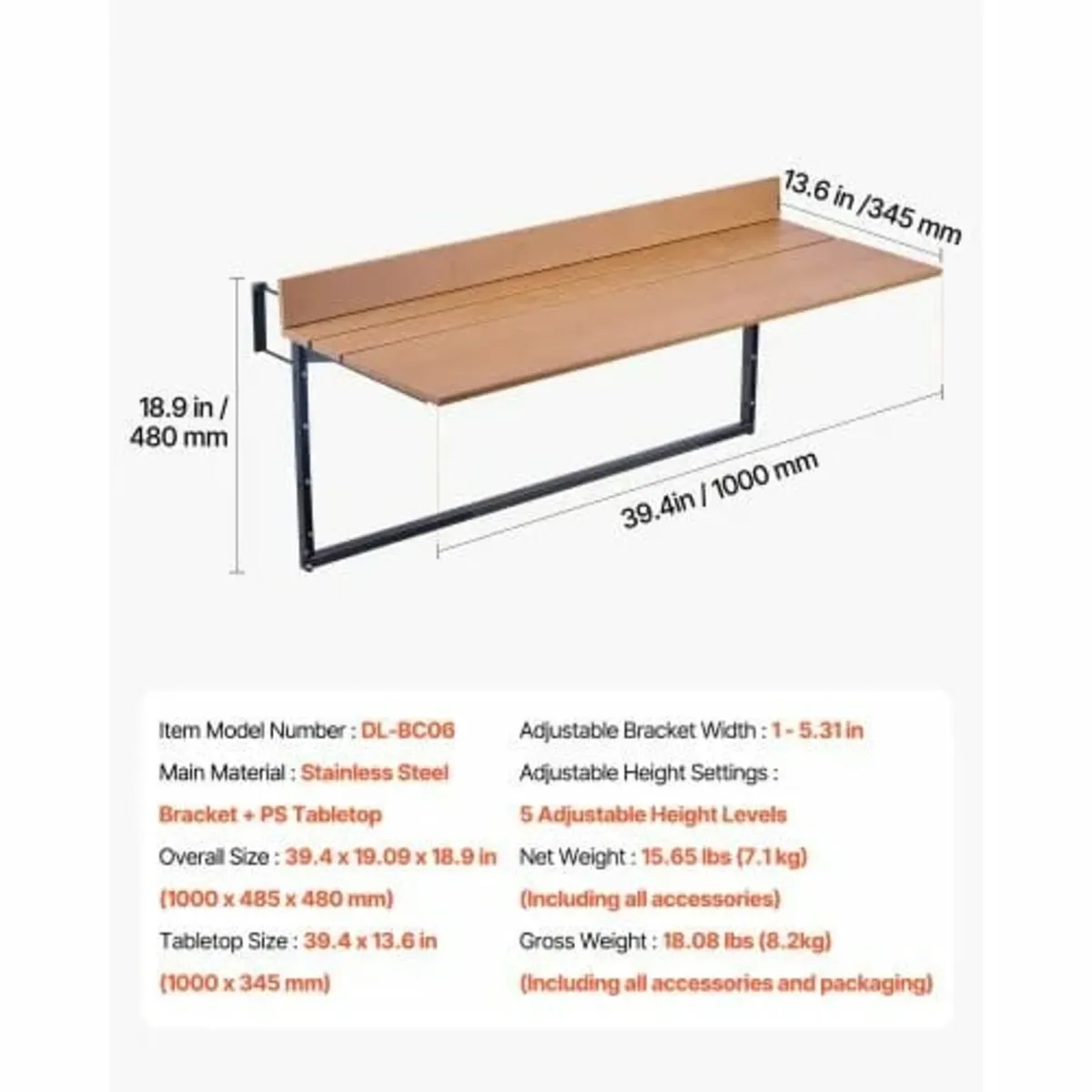 Balcony Hanging Table 15 x 39 in Patio Railing Bar - Image 2
