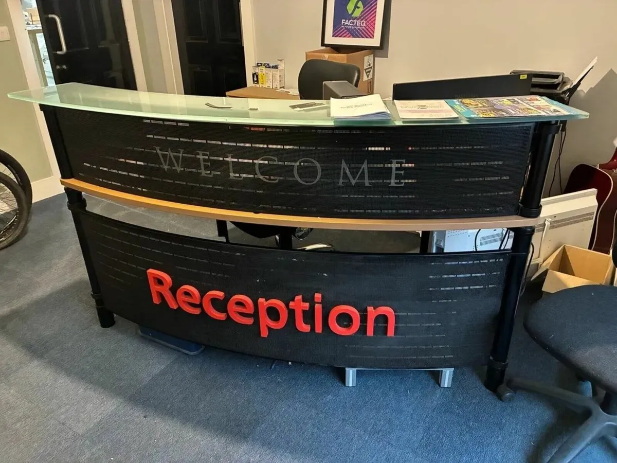 beautiful reception desk, steel frame. glass top - Image 1