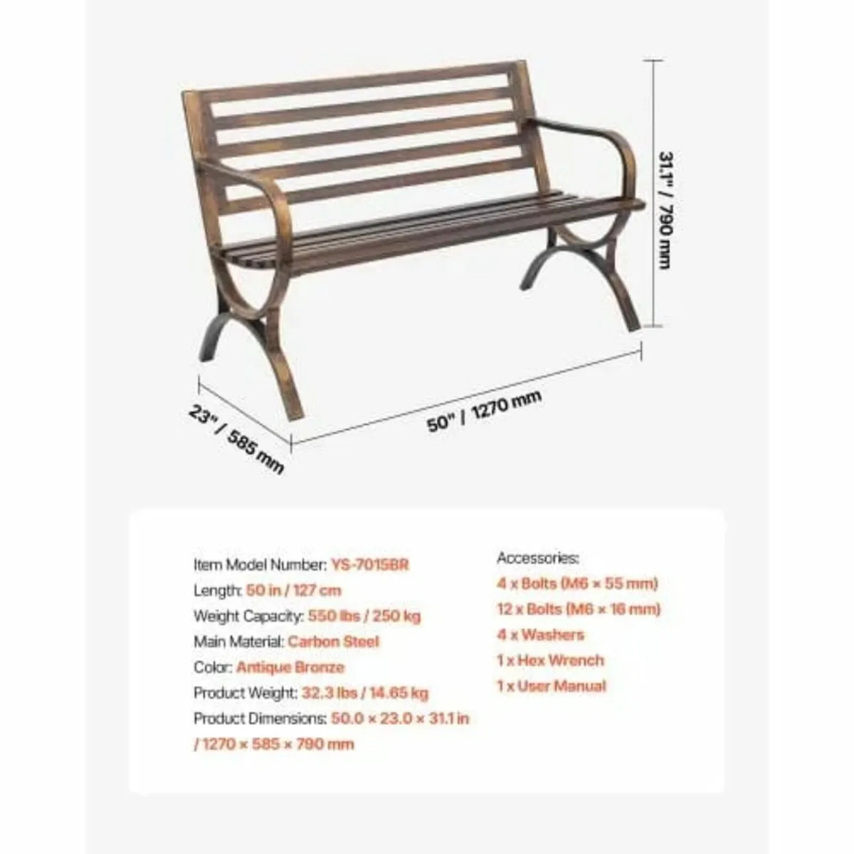 Outdoor Bench Patio Bench 127 cm Metal Frame Slatt - Image 3