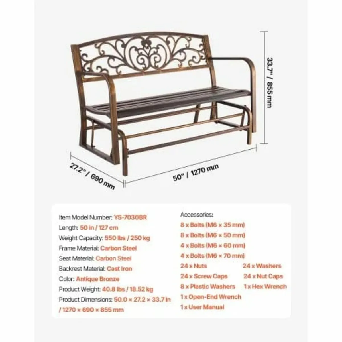 Bench Patio Bench Glider 127 cm Metal Frame Cast I - Image 3