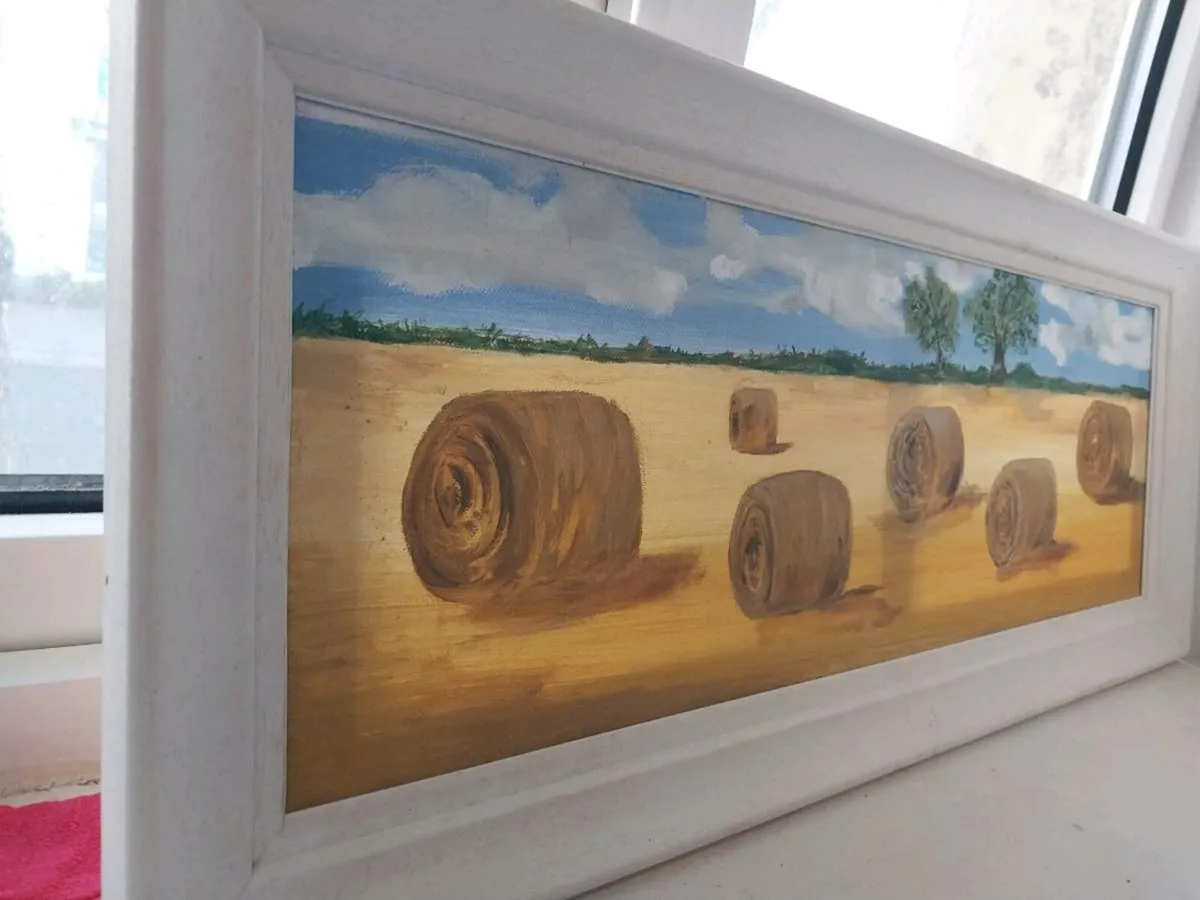 🎨 Framed Hay Bale Landscape Painting – Excellent - Image 2
