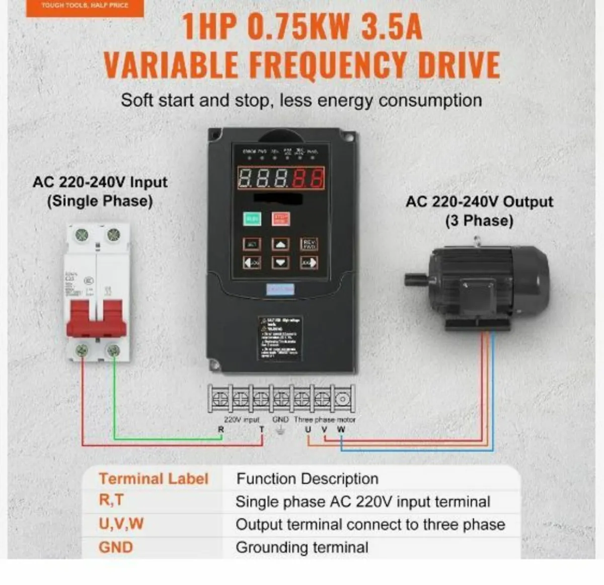 VFD 1HP, 0.75KW, 3.5A, 1 or 3 Phase 220V - Image 2