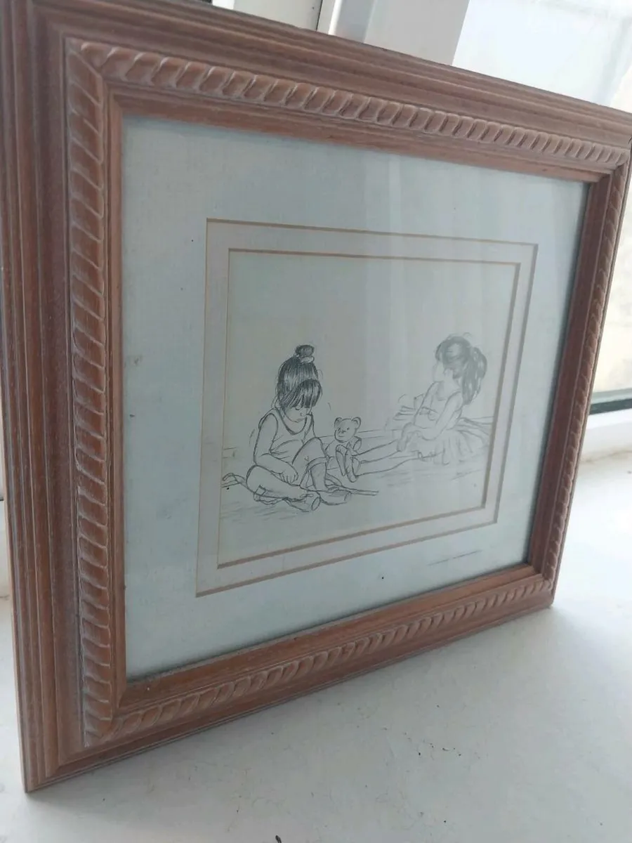 Lovely vintage framed sketch featuring 2 children - Image 1